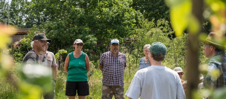 mensen in een kring staan tussen de bomen